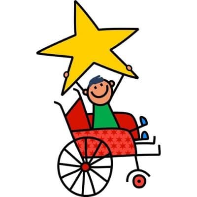 A cartoon of a young boy using a wheelchair. He is smiling and holding a large star over his head.