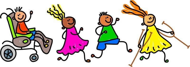 A cartoon drawing of four children walking together. Two are using mobility aids. 