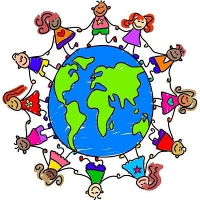 A cartoon of children circling the globe. The children are smiling and holding hands. 